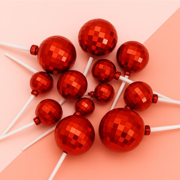 Disco Ball Topper With Stick Red 12pc