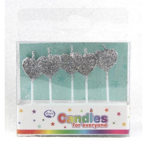 Candle Hearts Glitter Silver 5pc